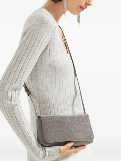 Brunello Cucinelli Rectangular Leather Shoulder Bag With Adjustable Strap In Gray