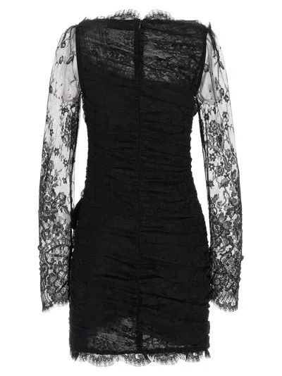 Alessandra Rich Draped Lace Mini Dress With Plunging Neckline In Black