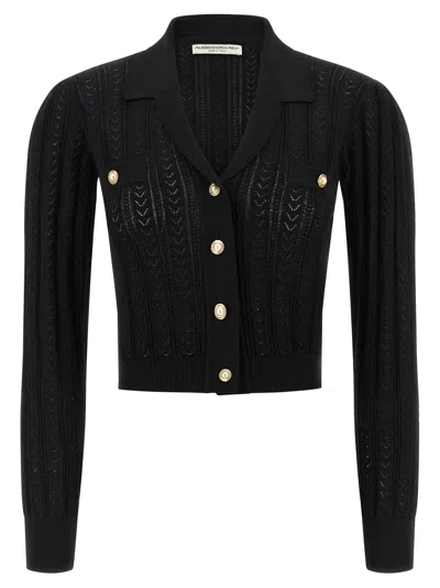 Alessandra Rich V-neck Openwork Knit Cardigan In Black