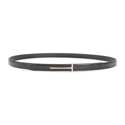 Tom Ford Textured Calf Leather Belt With Gold-tone T-buckle In Black