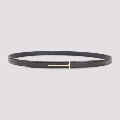 Tom Ford Textured Calf Leather Belt With Gold-tone T-buckle In Black