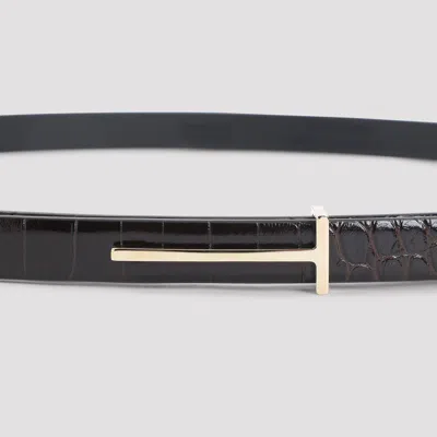 Tom Ford Textured Calf Leather Belt With Gold-tone T-buckle In Black