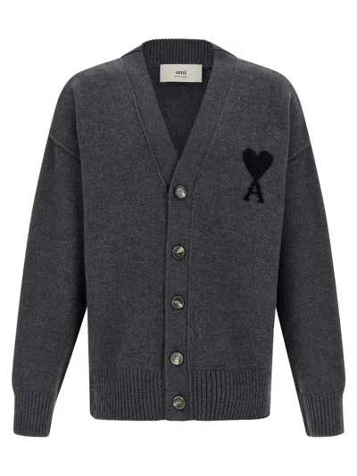 Ami Alexandre Mattiussi Ami Paris Ami De Coeur Heather Grey Wool Cardigan In Gray