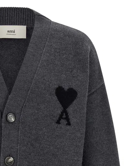 Ami Alexandre Mattiussi Ami Paris Ami De Coeur Heather Grey Wool Cardigan In Gray