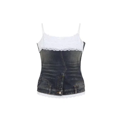 Balenciaga Denim Top With Lace Trim And Rhinestone Embellishments In Blue