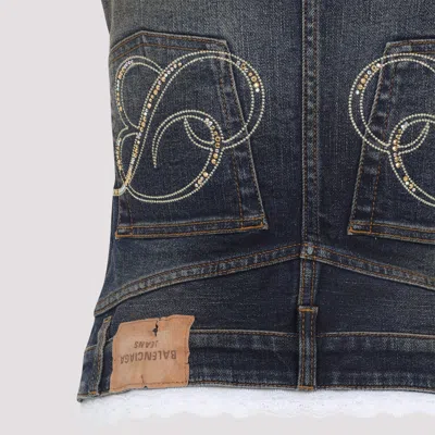 Balenciaga Denim Top With Lace Trim And Rhinestone Embellishments In Blue