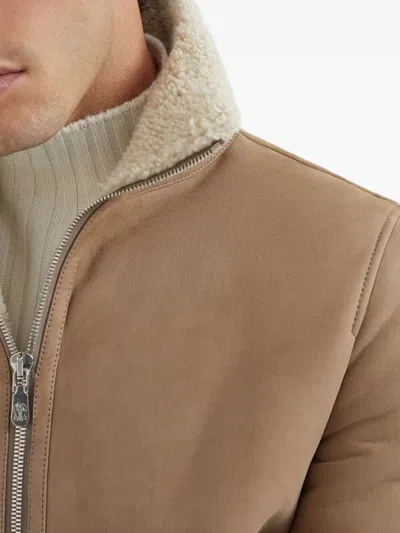 Brunello Cucinelli Bomber In Curly Suede Shearling With Cashmere Knit Collar In Brown