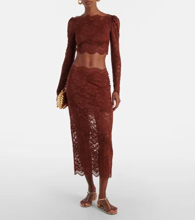 Rabanne Floral Lace Long Sleeve Cropped Top In Brown