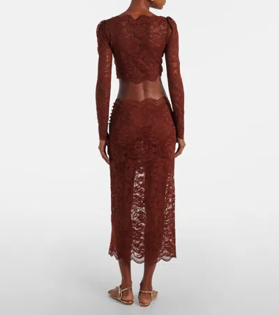 Rabanne Floral Lace Long Sleeve Cropped Top In Brown