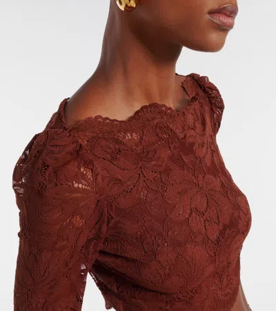 Rabanne Floral Lace Long Sleeve Cropped Top In Brown