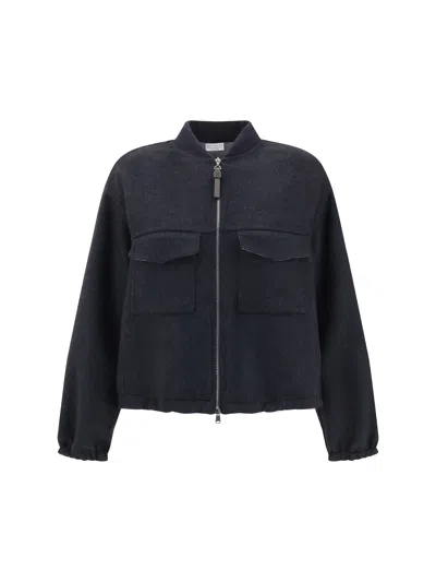 Brunello Cucinelli Oversized Virgin Wool Jacket With Ribbed Collar In Blue