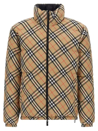 Burberry Beige Check Nylon Reversible Down Puffer Jacket In Brown