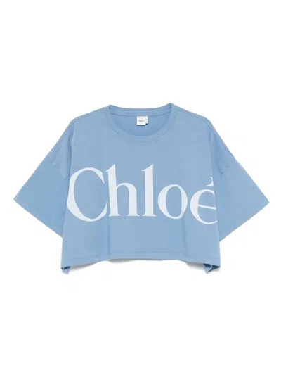 Chloé Women Logo Cotton Cropped T-shirt In Blue