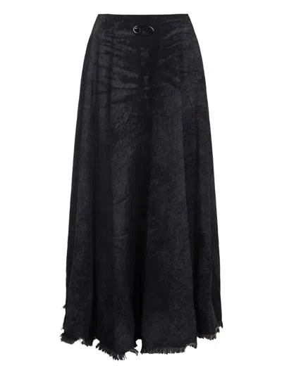 Diesel Full Skirt In Lasered Cotton-hemp Denim In Black