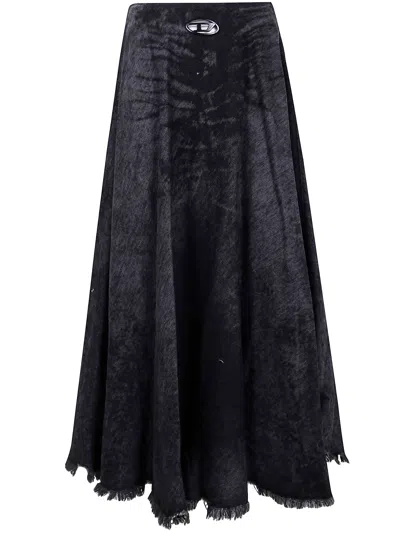 Diesel Full Skirt In Lasered Cotton-hemp Denim In Black