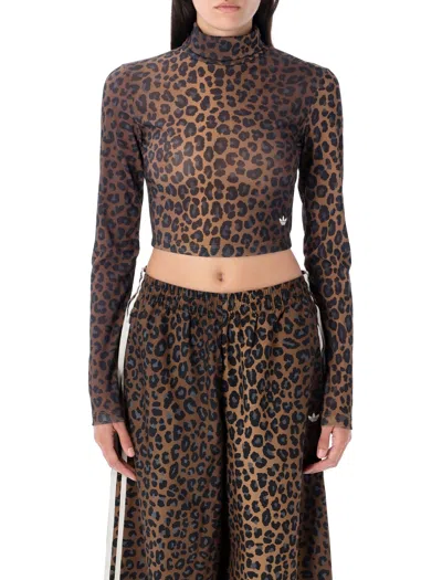 Adidas Originals Cropped Leopard Print Mock Neck T-shirt In Brown