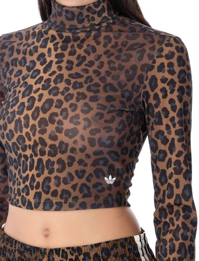 Adidas Originals Cropped Leopard Print Mock Neck T-shirt In Brown