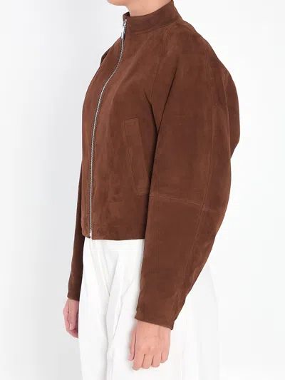 Alaïa Womens Noisette Round Curved-sleeve Suede Jacket In Brown