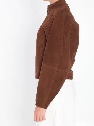Alaïa Womens Noisette Round Curved-sleeve Suede Jacket In Brown