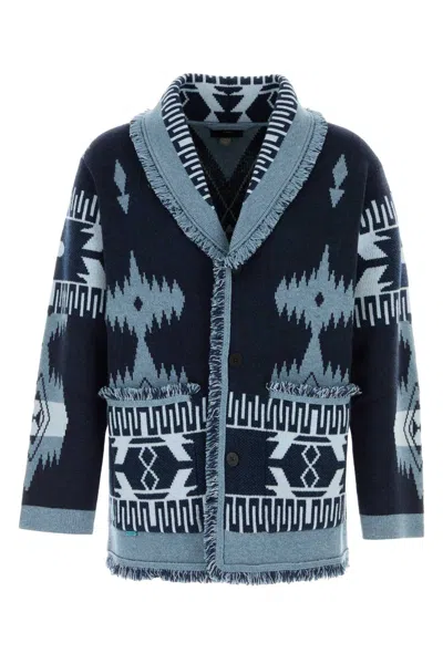 Alanui Cashmere Cardigan With Embroidered Geometric Pattern In Blue