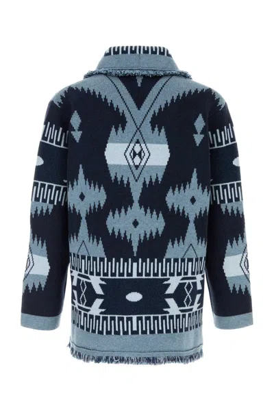 Alanui Cashmere Cardigan With Embroidered Geometric Pattern In Blue