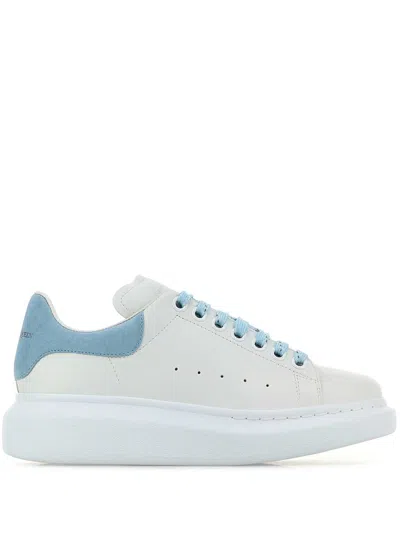 Alexander Mcqueen Women White Leather Sneakers With Pastel Light Blue Suede Heel In White
