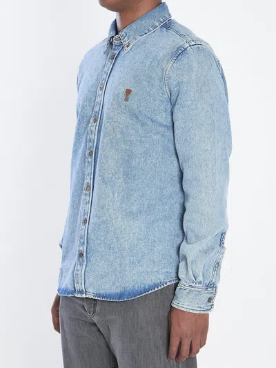 Ami Alexandre Mattiussi Classic Blue Denim Shirt With Structured Collar And Button-down Front In Blue
