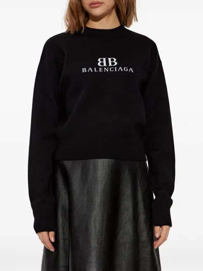 Balenciaga Logo Knitwear Sweater With Ribbed Accents In Black