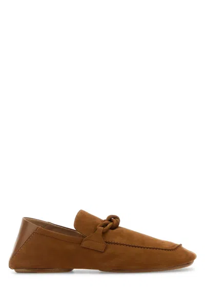 Bottega Veneta Camel Suede Daddy Loafers In Burgundy
