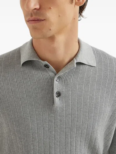 Brunello Cucinelli Knitted Cotton Polo Long Sleeves In Gray