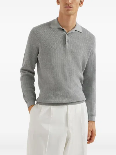 Brunello Cucinelli Knitted Cotton Polo Long Sleeves In Gray