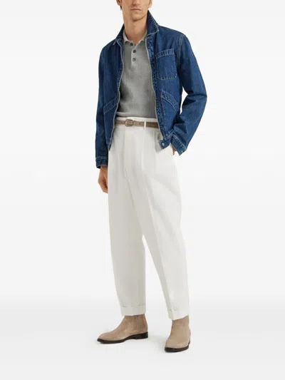 Brunello Cucinelli Knitted Cotton Polo Long Sleeves In Gray