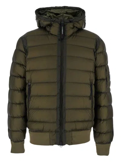 C.p. Company Men Green Down Jacket With Fixed Hood And Goggle Detail In Tech Fabric Man In Green