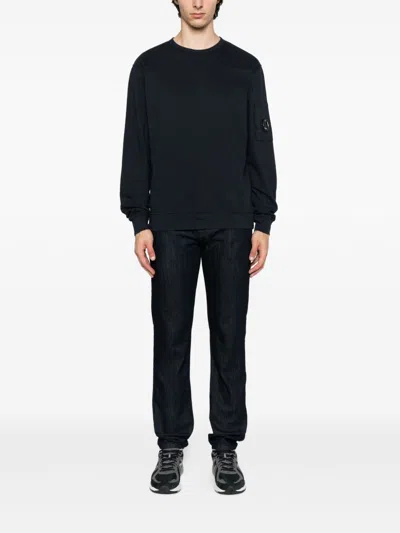 C.p. Company Dark Blue Cotton Sweatshirt With Signature Sleeve Logo In Black