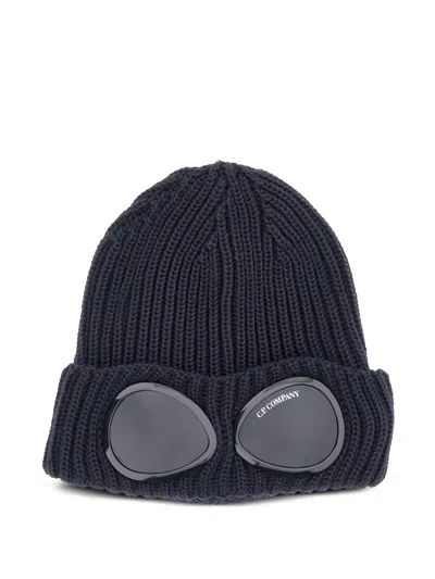 C.p. Company Cable Knit Beanie With Folded Brim And Goggle In Blue