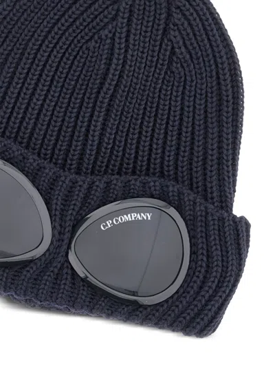 C.p. Company Cable Knit Beanie With Folded Brim And Goggle In Blue