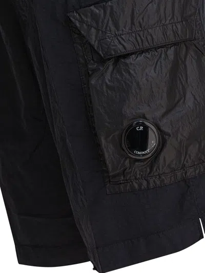 C.p. Company Black Minimalist Beach Shorts With Unique Lens Detail In Blue