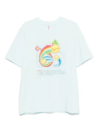 Casablanca Short-sleeved T-shirt In Light Blue Cotton With Graphic Print In Blue