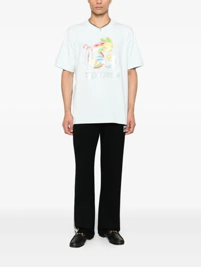 Casablanca Short-sleeved T-shirt In Light Blue Cotton With Graphic Print In Blue