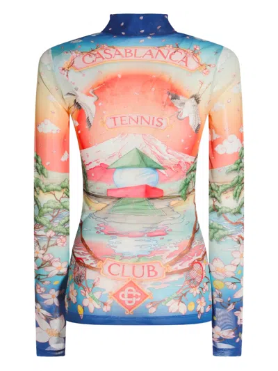 Casablanca High Neck Tulle Top With Multicolor Landscape Print In Multi