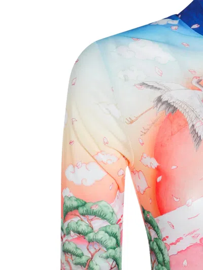Casablanca High Neck Tulle Top With Multicolor Landscape Print In Multi