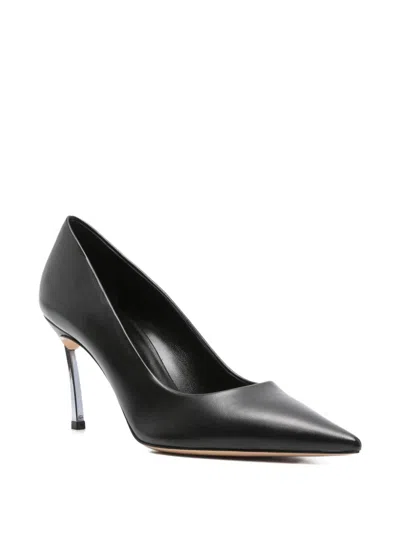 Casadei Pointed Toe Black Leather Pumps With 80mm Blade Heel In Black