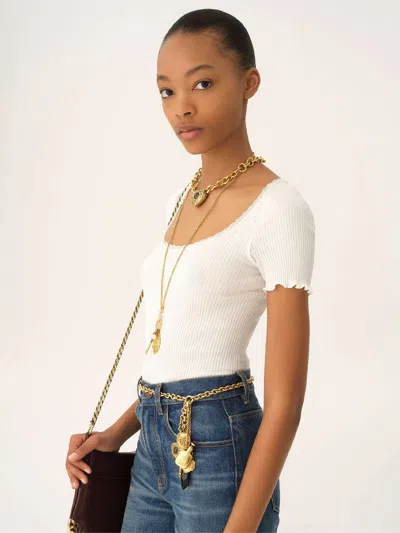 Chloé T-shirt Aderente In Cotone Con Scollo Profondo In White