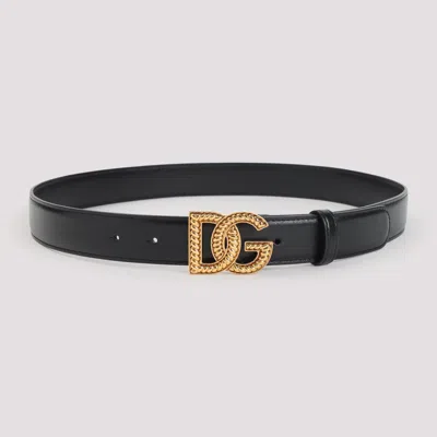 Dolce & Gabbana Leather Logo Buckle Belt In Black