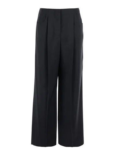 Fendi Women Black Pants With Front Pences And Wide Leg In Wool Woman In Black