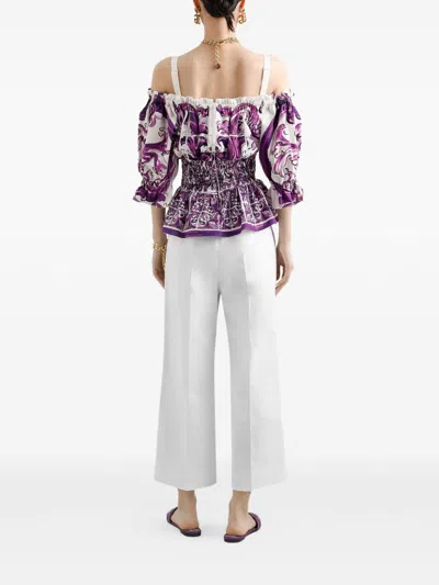 Dolce & Gabbana Smocked Waist Off-the-shoulder Top With Puff Sleeves In Multi