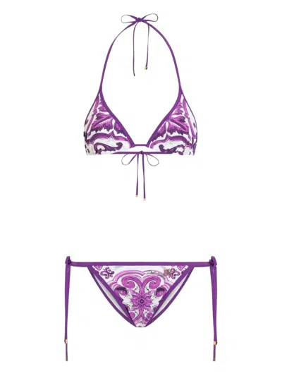 Dolce & Gabbana Maiolica Printed Triangle Bikini In Purple