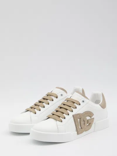 Dolce & Gabbana Portofino Light Strobel Sneaker In Calfskin In White