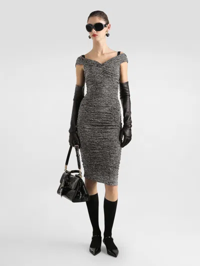 Dolce & Gabbana Off-the-shoulder Gathered Printed Silk-blend Midi Dress In Gray