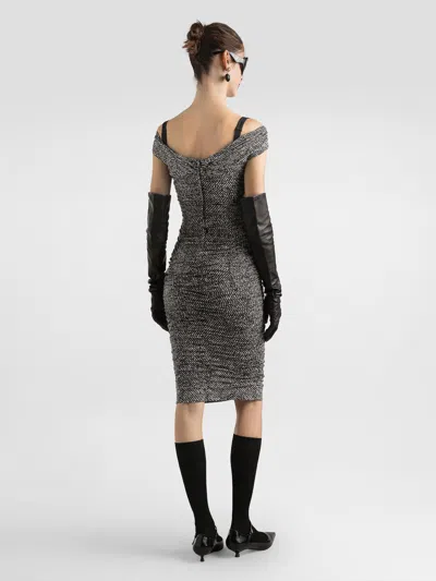 Dolce & Gabbana Off-the-shoulder Gathered Printed Silk-blend Midi Dress In Gray